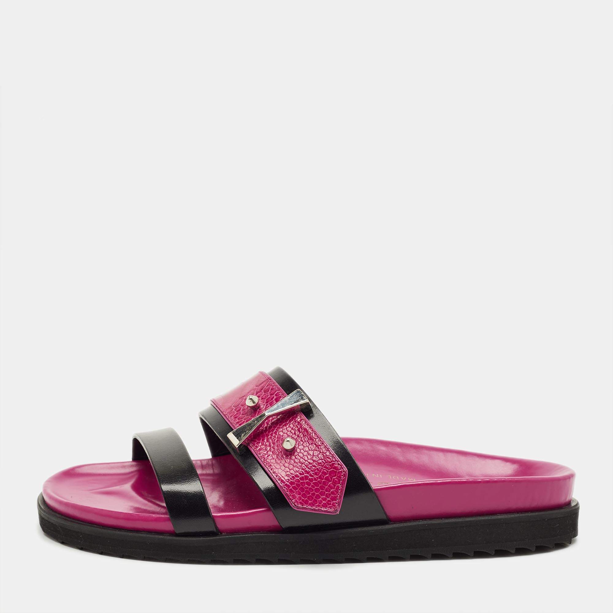Pre Owned Alexander McQueen Pink/Black Ostrich Leg and Leather Flat Slides Size 38