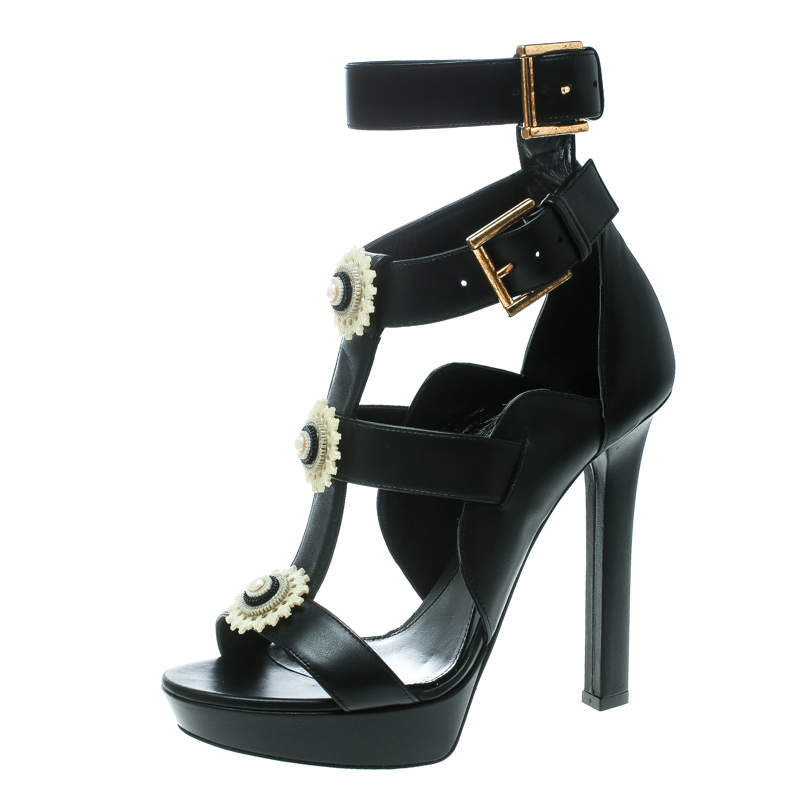 Pre Owned Alexander McQueen Black Leather French Gloss Platform Strappy Sandals Size 38.5