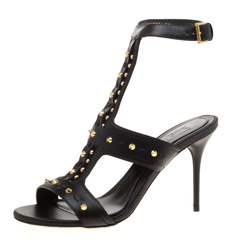 Pre Owned Alexander McQueen Black Leather Spike Studded Ankle Strap Sandals Size 38