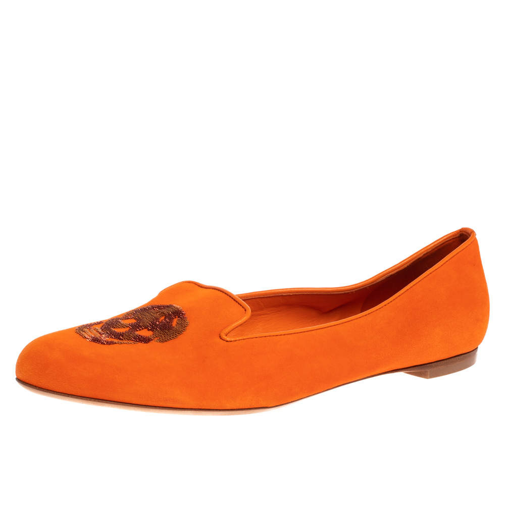 Alexander McQueen Orange Suede Leather Sequin Embellished Smoking Slippers Size 39.5 