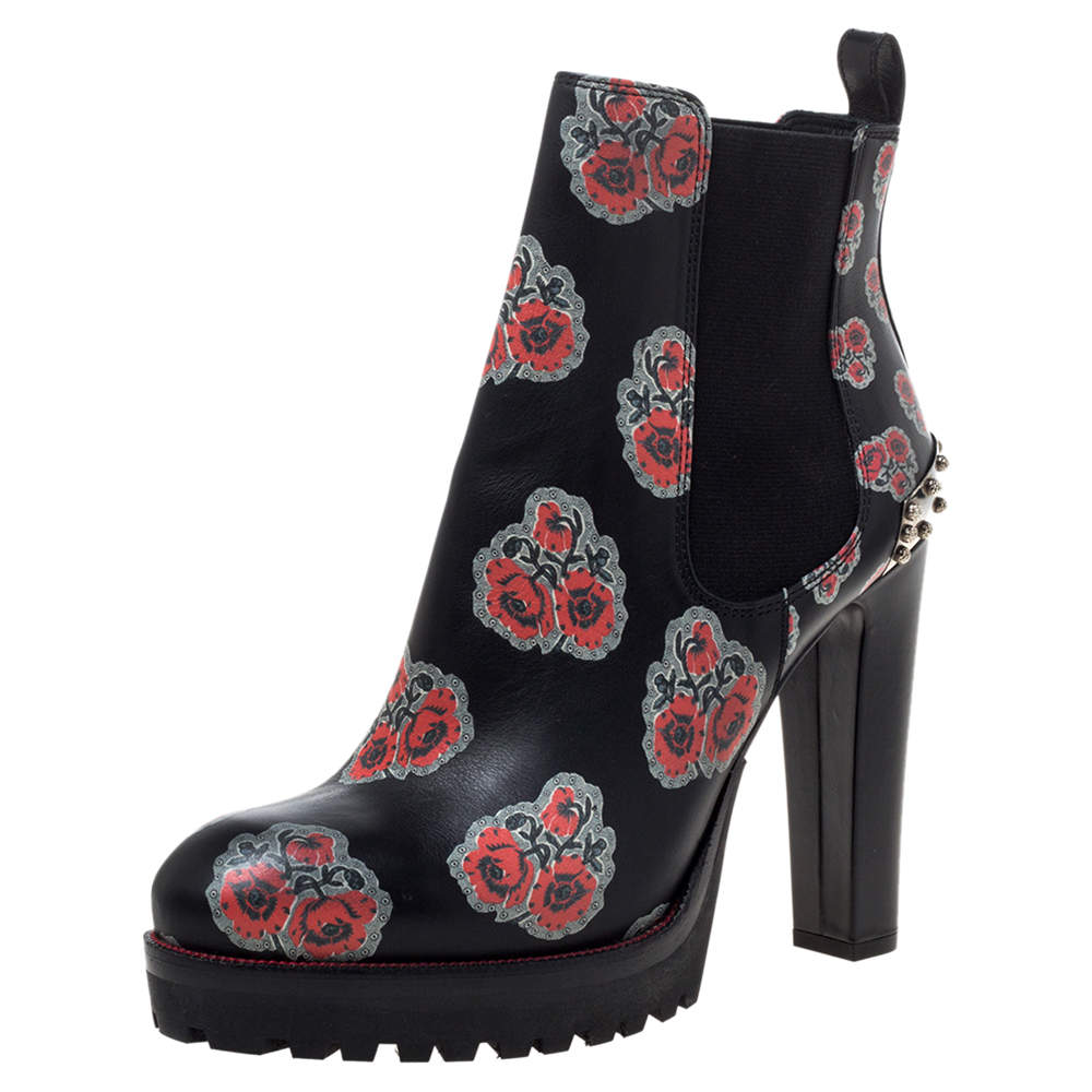 Pre Owned Alexander McQueen Black Floral Print Leather Chelsea Studded Heels Ankle Boots Size 39