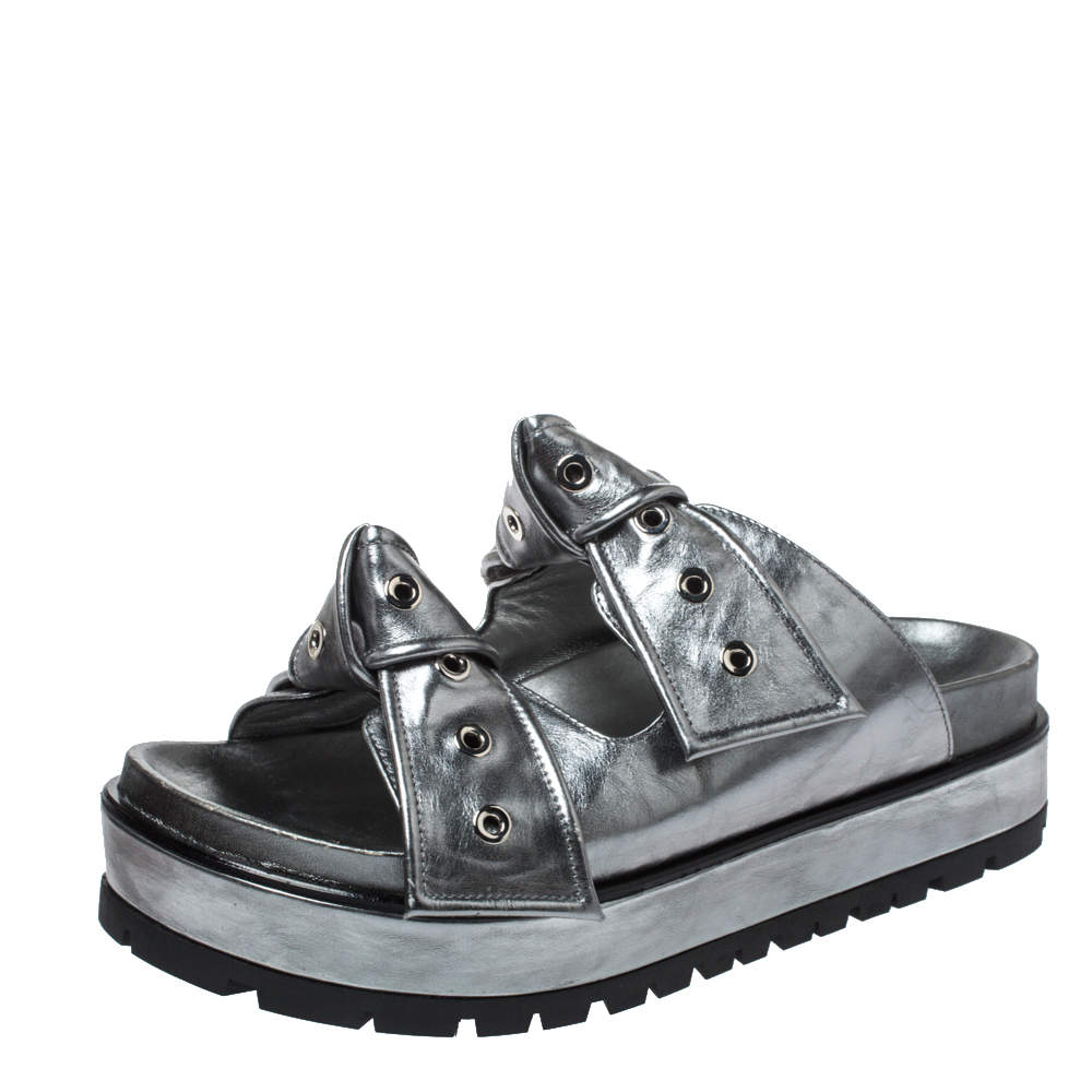 Alexander McQueen Metallic Grey Leather Birkenstock Rivet Bow Tie Slide Sandals Size 38.5