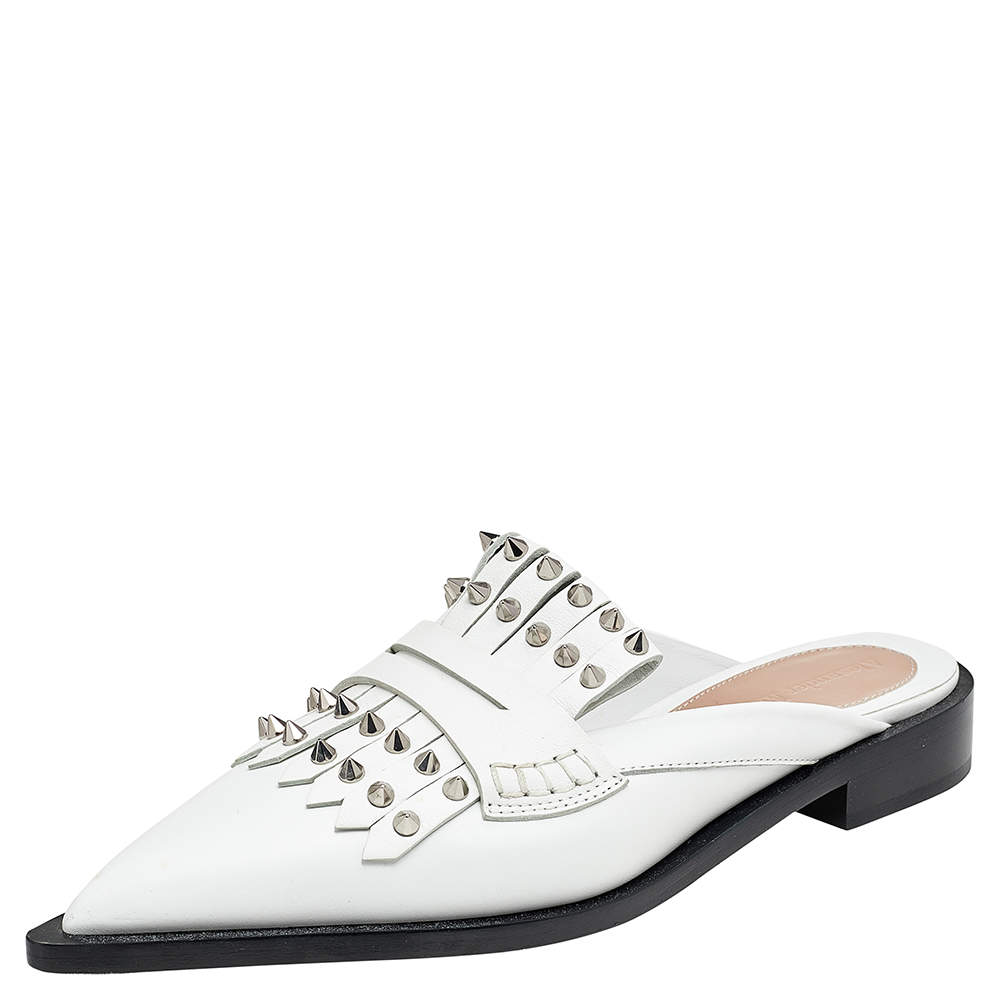 Alexander McQueen White Leather Studded Slip On Mules Size 40