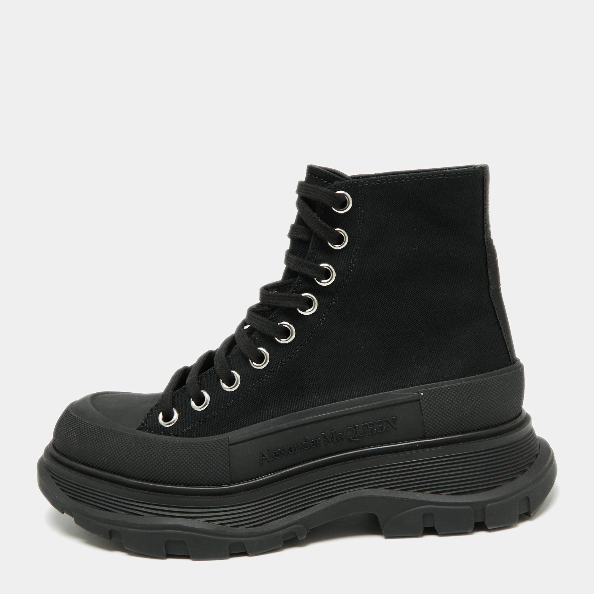 Pre Owned Alexander McQueen Black Canvas Tread Slick High-Top Platform Sneakers Size 38