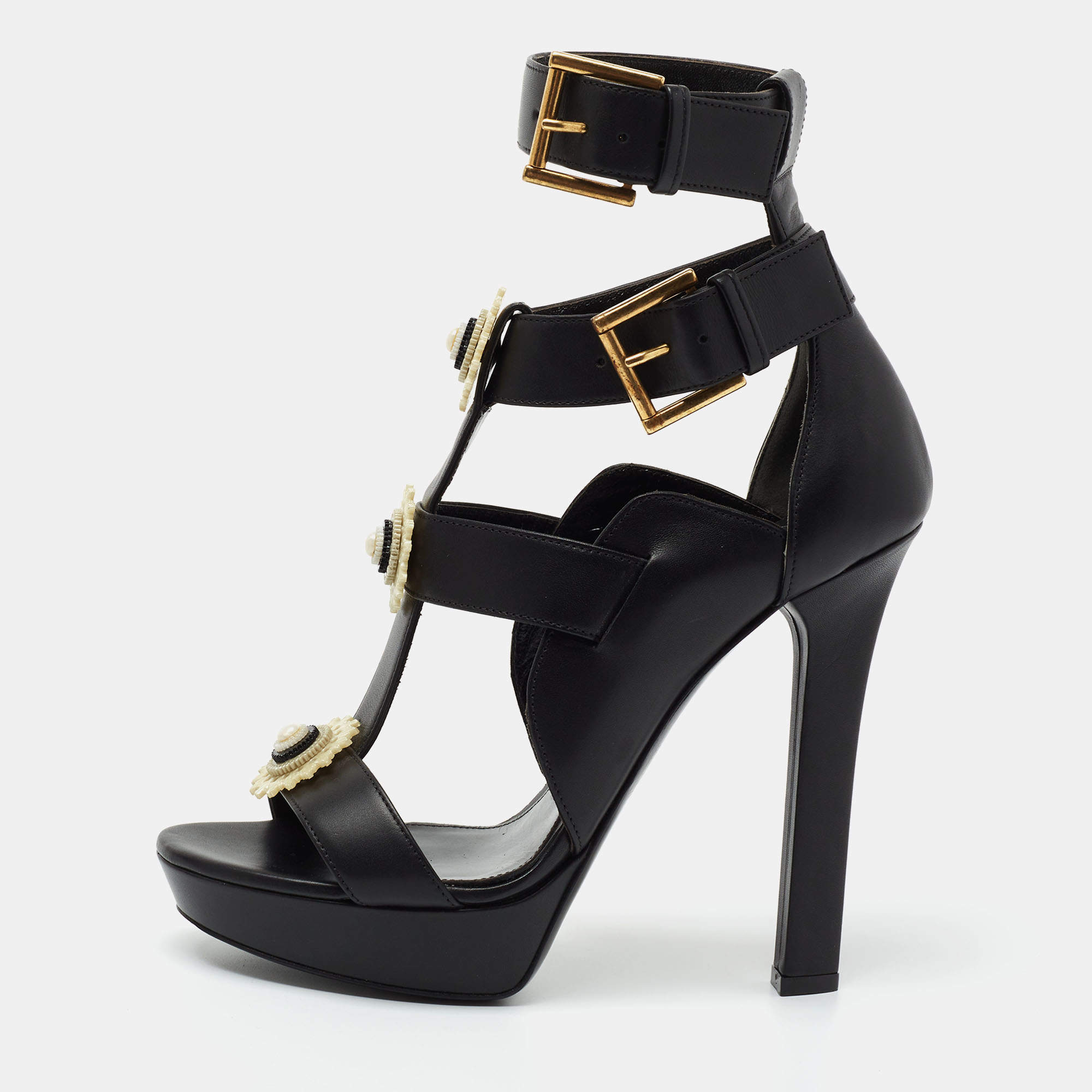 Pre Owned Alexander McQueen Black Leather French Gloss Platform Strappy Sandals Size 38