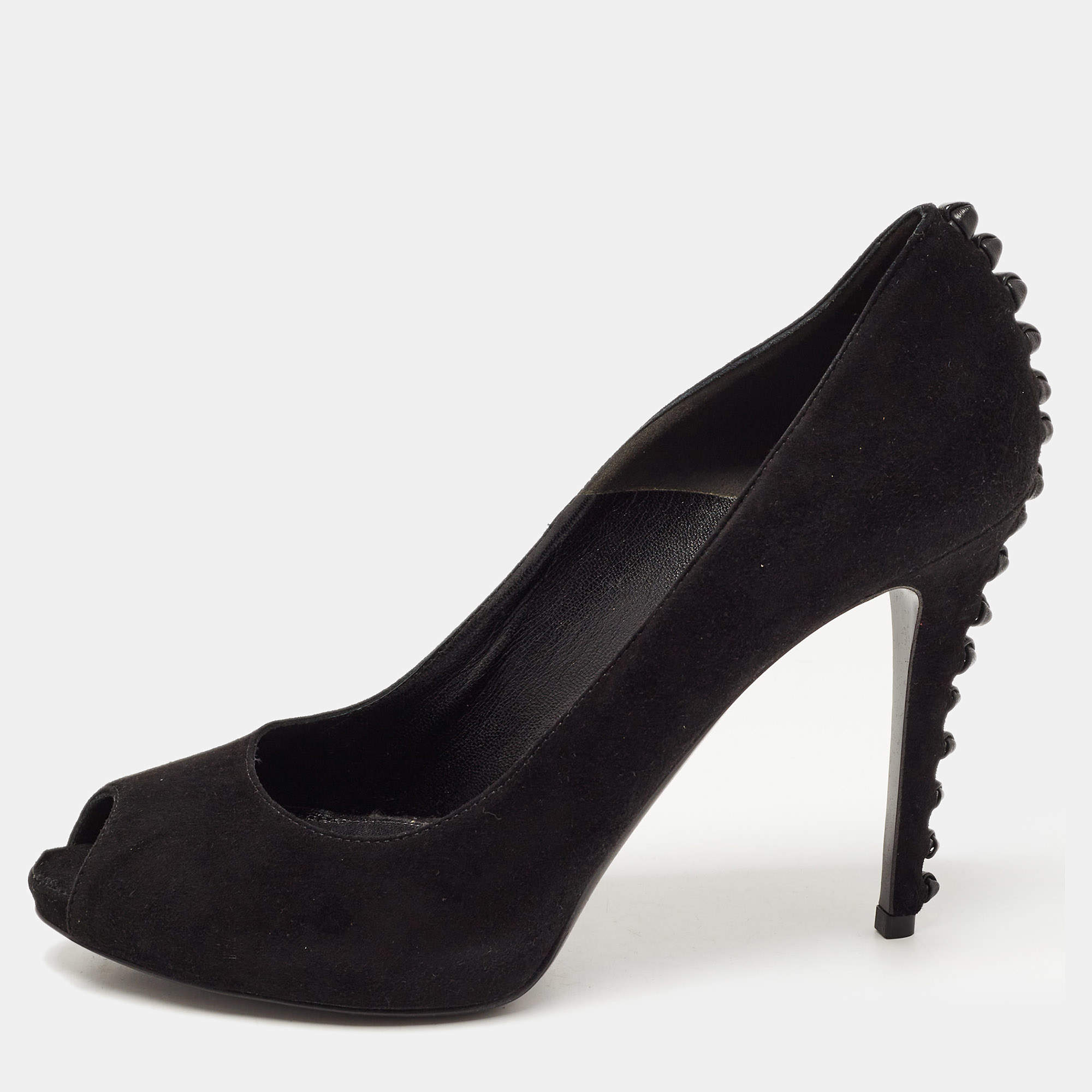 Pre Owned Alexander McQueen Black Suede Knotted Peep Toe Pumps Size 39.5