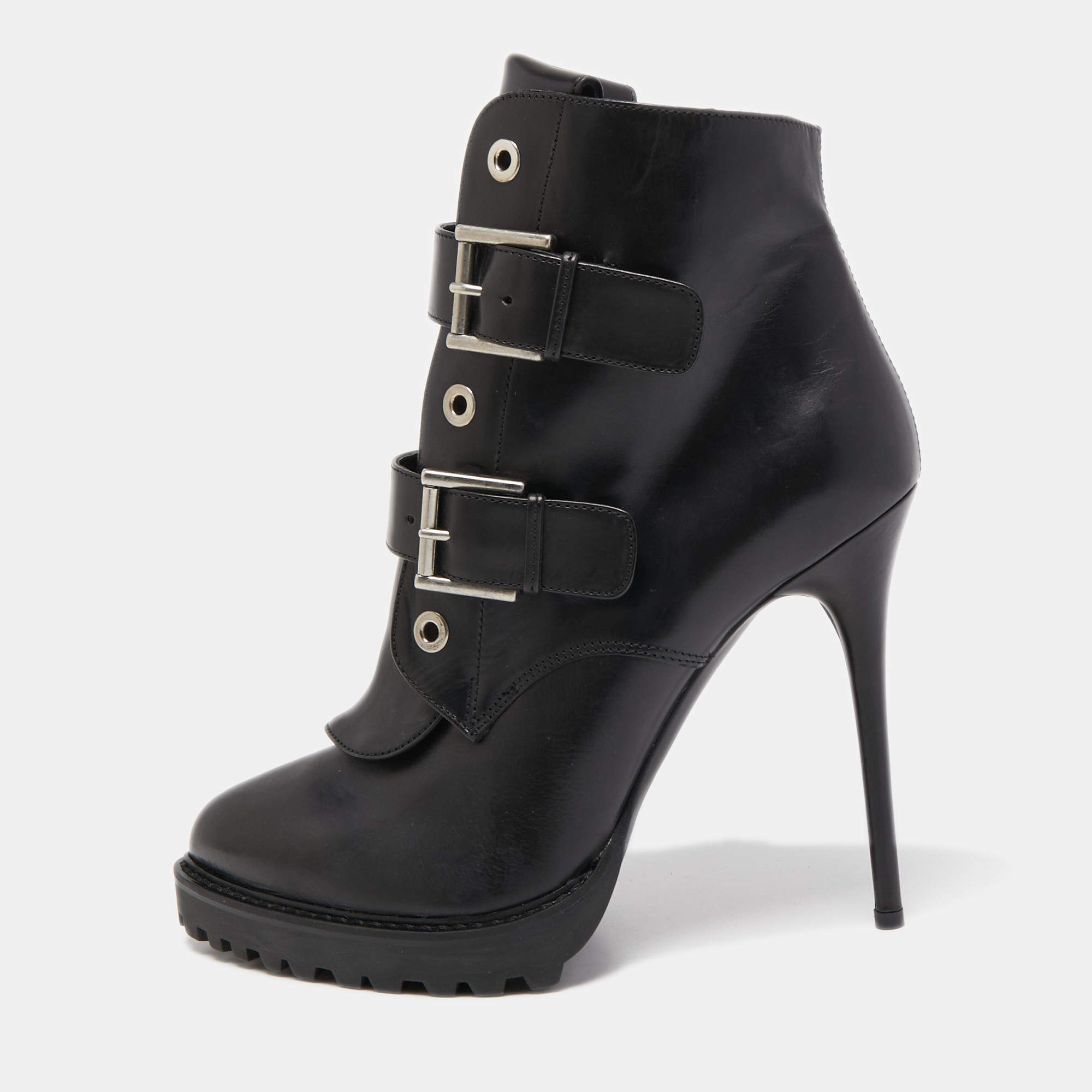 Pre Owned Alexander McQueen Black Leather Buckle Detail Boots Size 40
