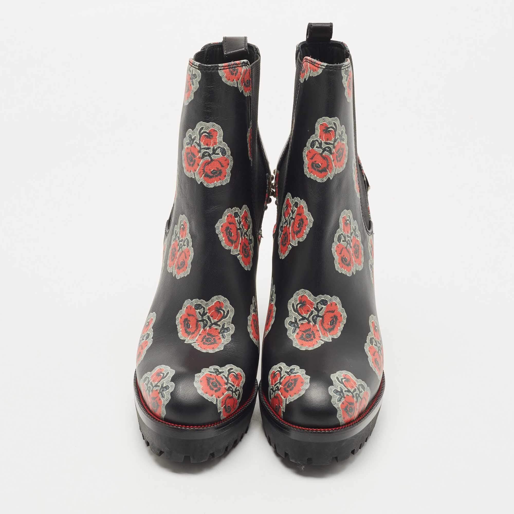 Alexander McQueen Black Floral Print Leather Chelsea Studded Heels Ankle  Boots Size 36 Alexander McQueen