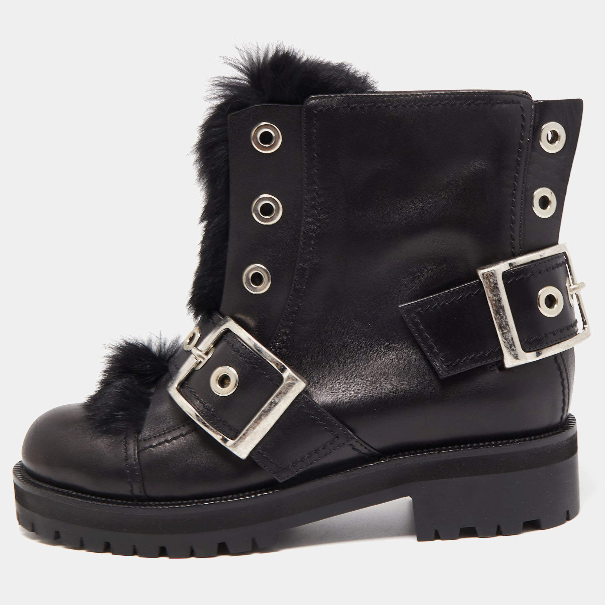 Alexander McQueen Black Leather and Fur Buckle Detail Ankle