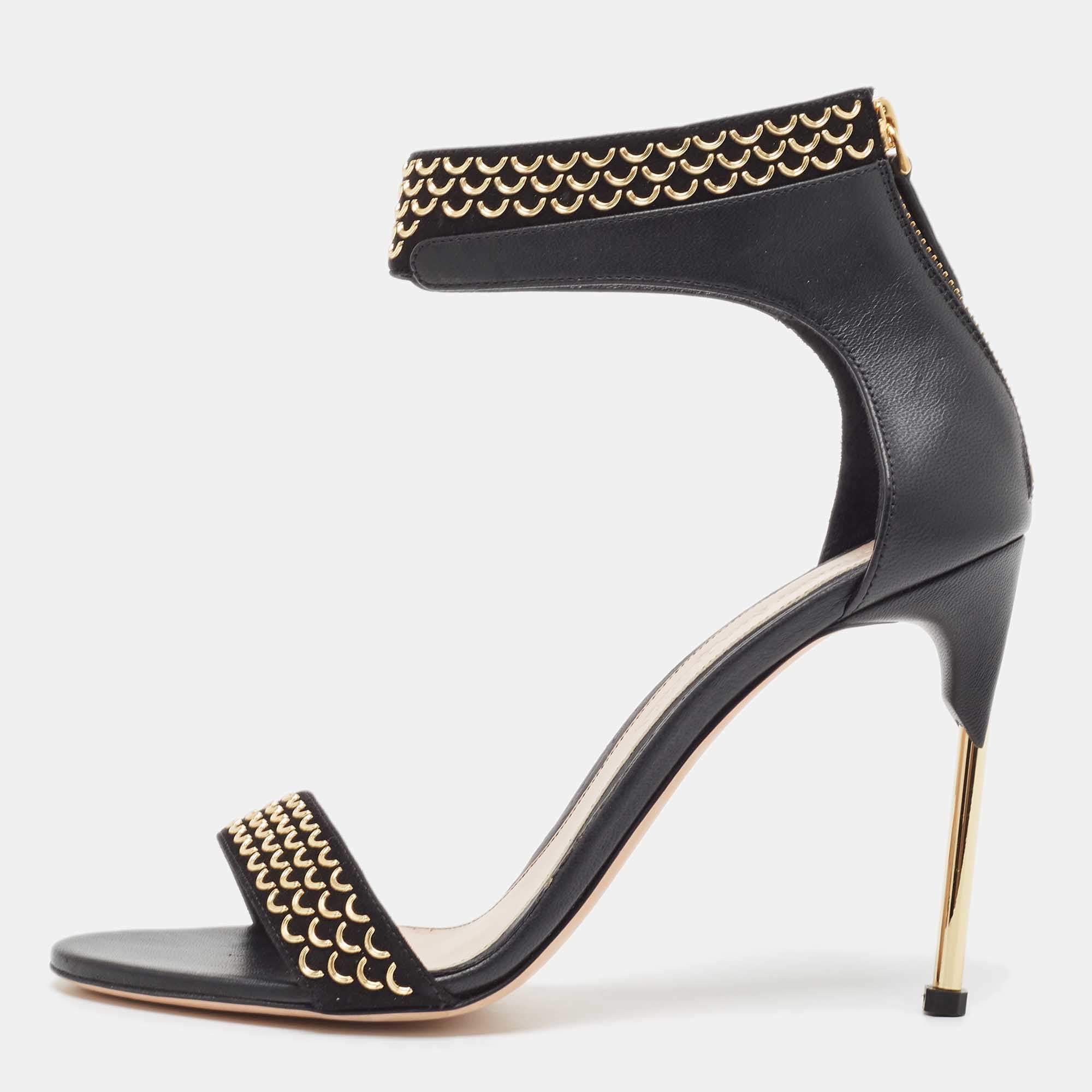 Pre Owned Alexander McQueen Black Leather and Suede Embellished Ankle Cuff Sandals Size 41