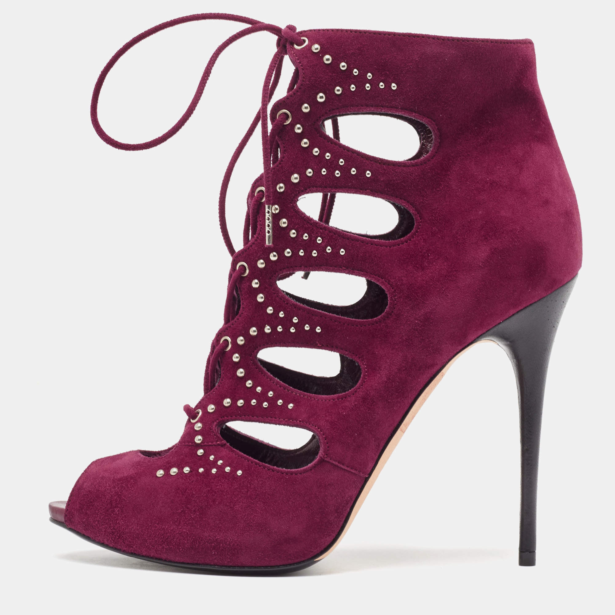 Pre Owned Alexander McQueen Burgundy Cut Out Suede Studded Ankle Booties Size 37.5