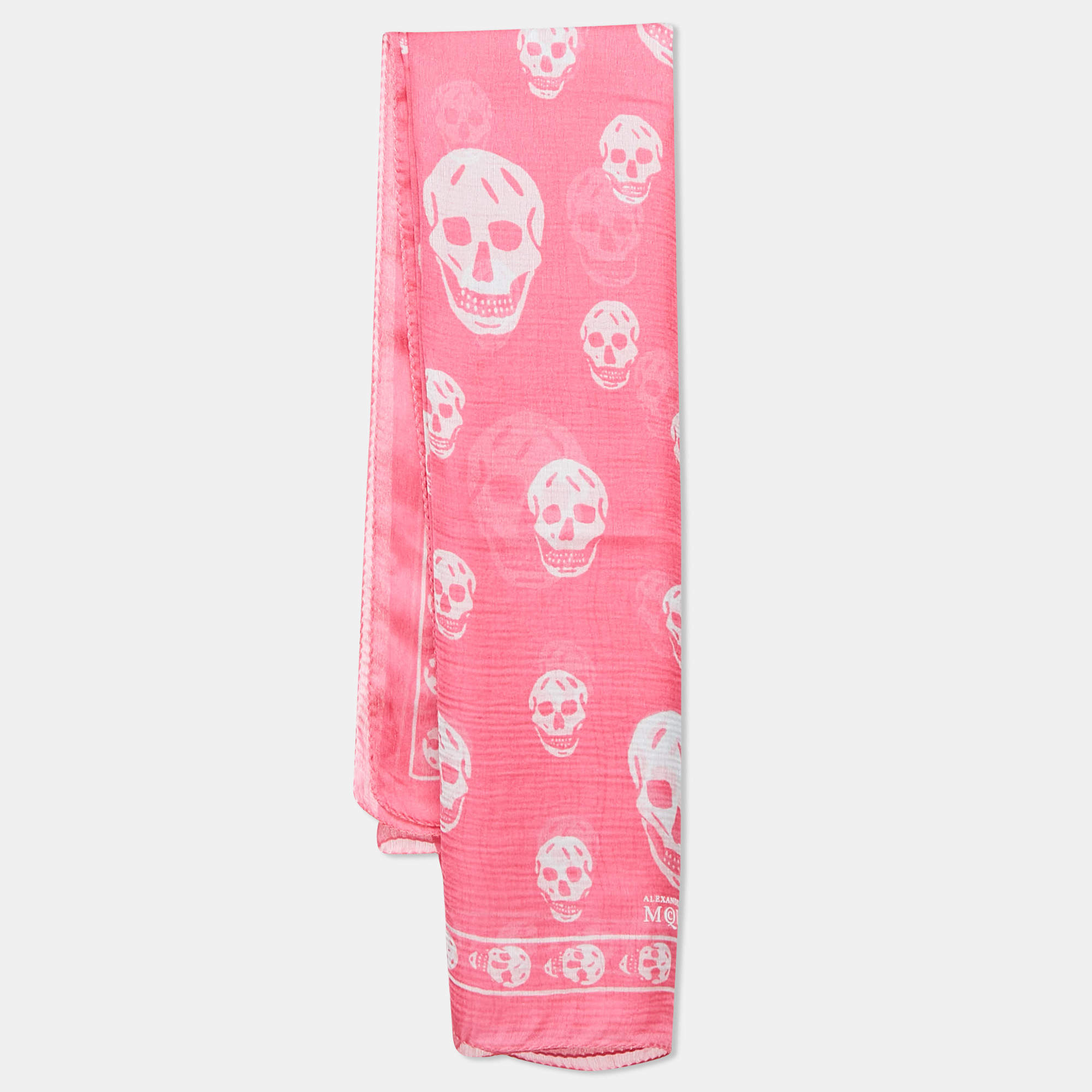 Pre Owned Alexander McQueen Pink Skull Print Silk Scarf