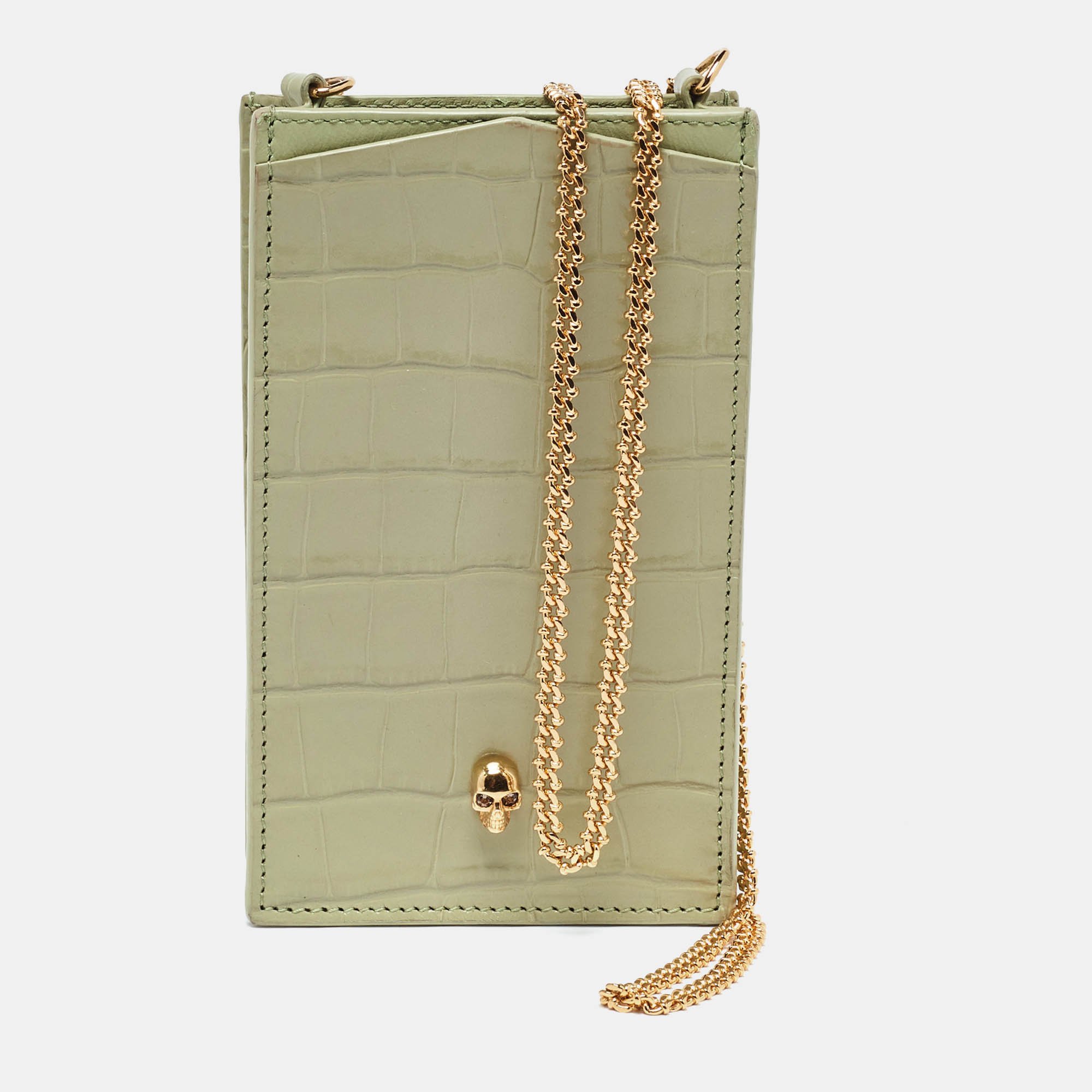 Alexander McQueen Light Green Croc Embossed Leather Skull Phone Case