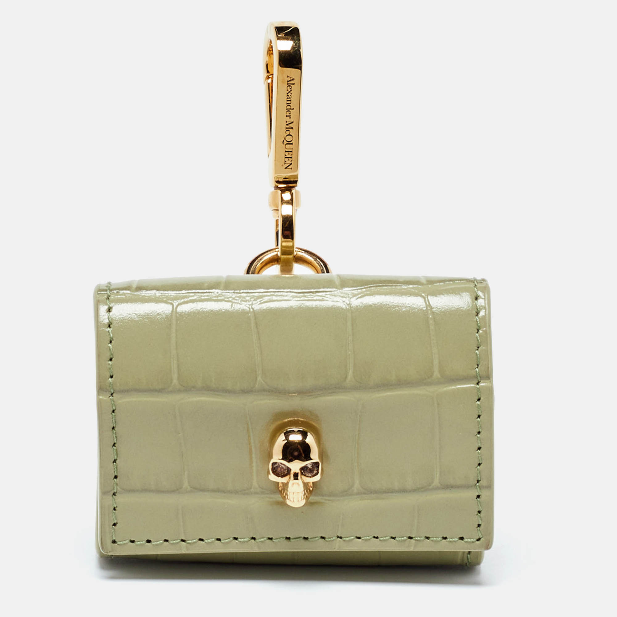 Pre Owned Alexander McQueen Light Green Croc Embossed Leather Skull Air Pod Pro Case