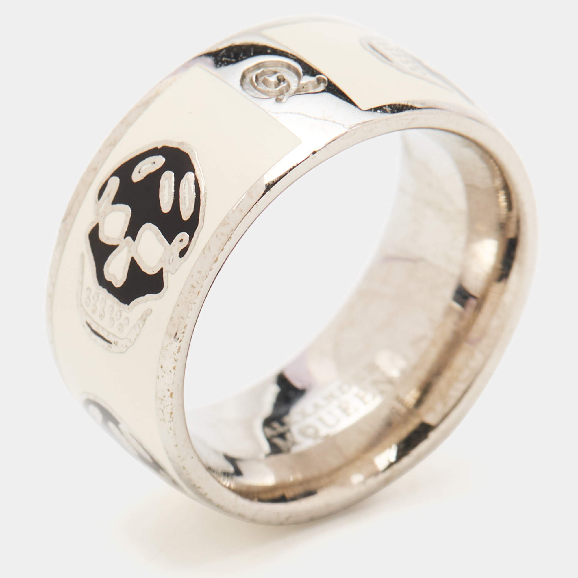 Alexander McQueen Silver Tone Black/White Enamel Skull Ring Size 55
