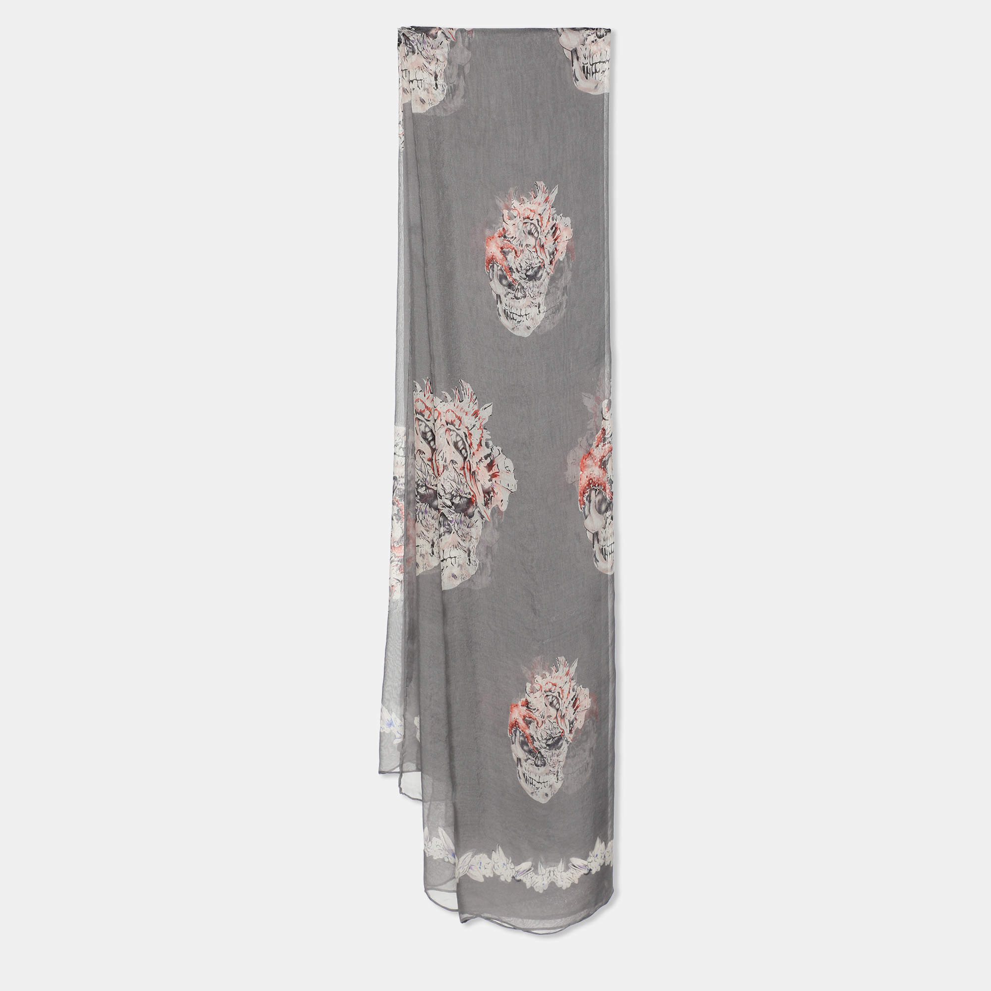 Alexander McQueen Grey Skull Printed Silk Scarf