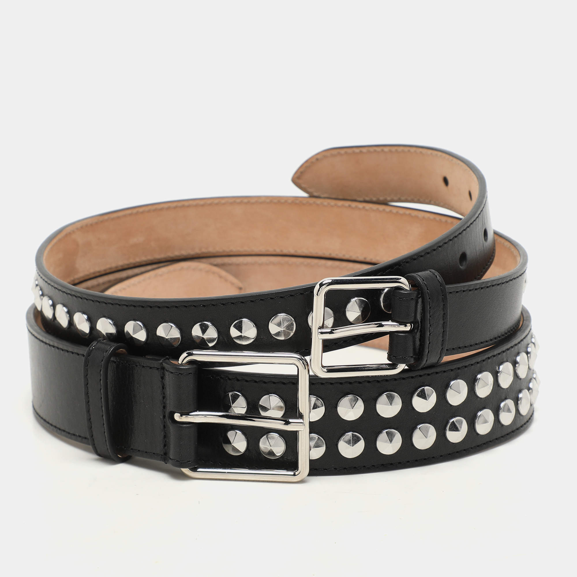 Alexander McQueen Black Leather Studded Double Waist Belt 65CM