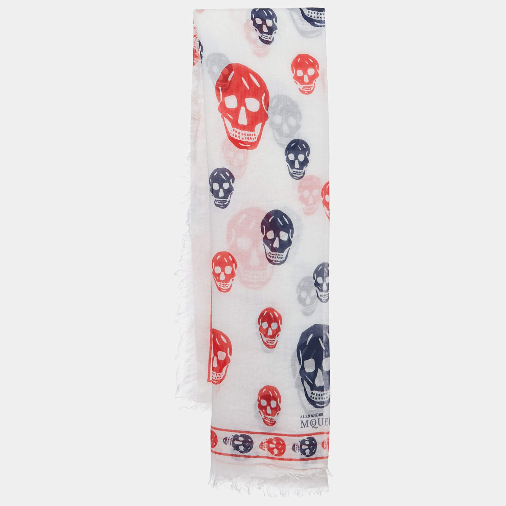 Pre Owned Alexander McQueen White Skull Print Modal and Silk Scarf