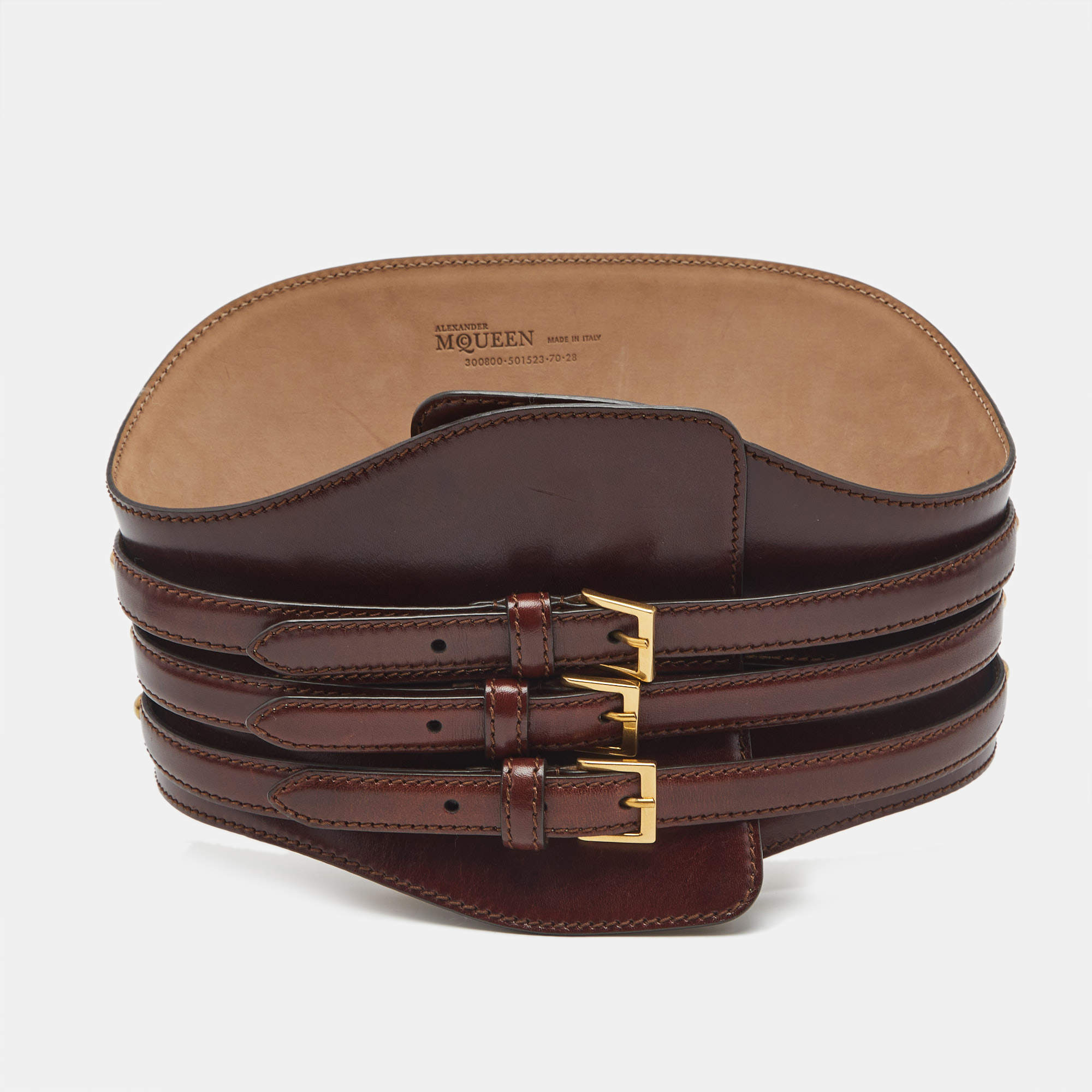 Pre Owned Alexander McQueen Dark Brown Leather Triple Buckle Wide Waist Belt 70CM