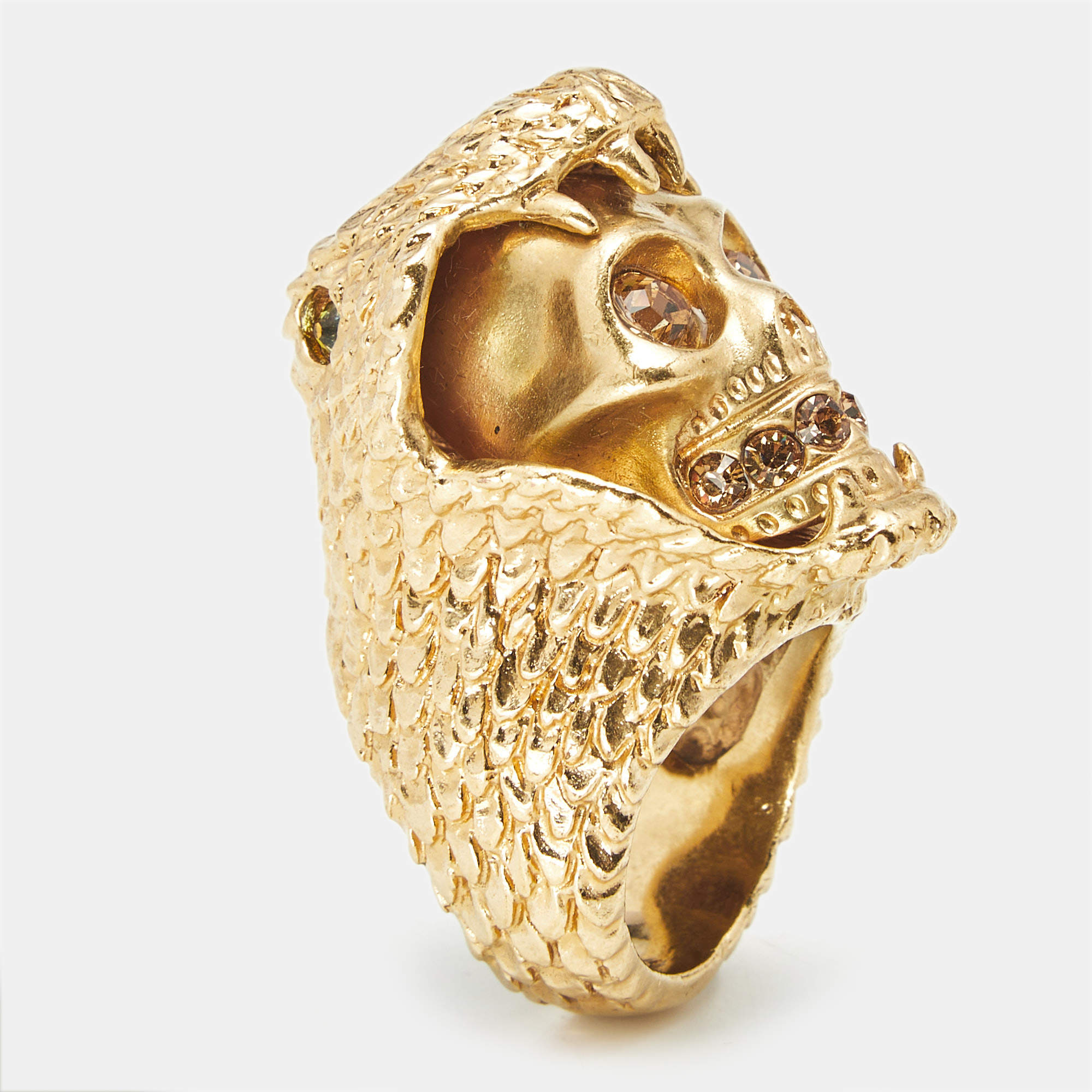 Pre Owned Alexander McQueen Skull and Snake Crystals Gold Tone Ring Size 52