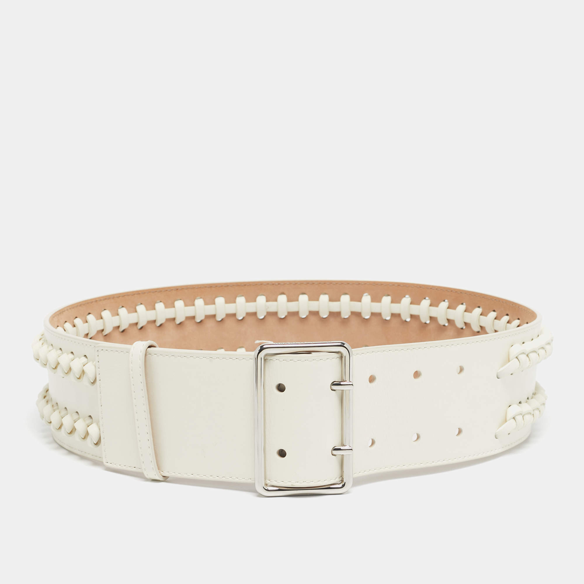 Pre Owned Alexander McQueen White Leather Braided Wide Belt 70CM