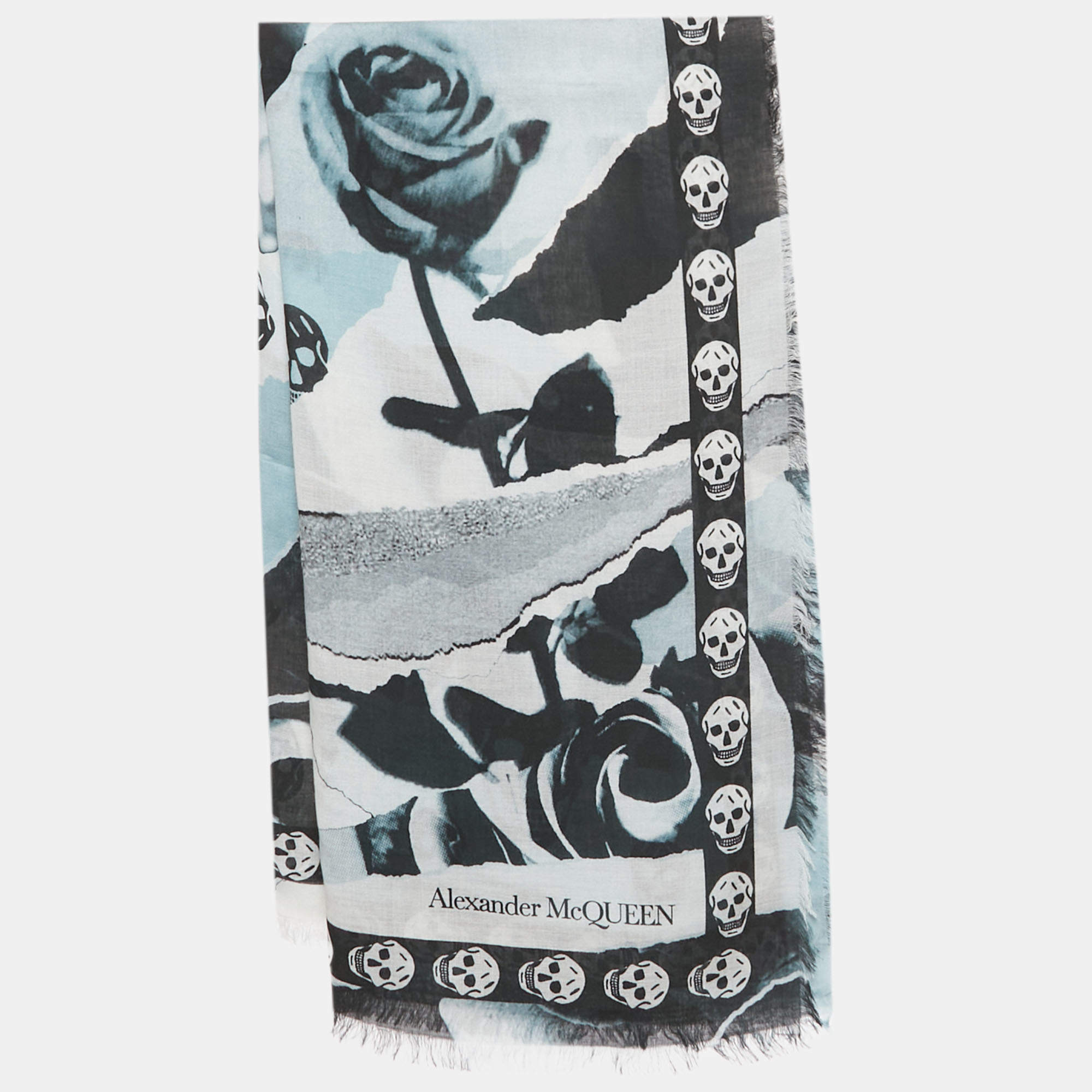 Pre Owned Alexander McQueen White/Blue Skull Print Silk Blend Scarf