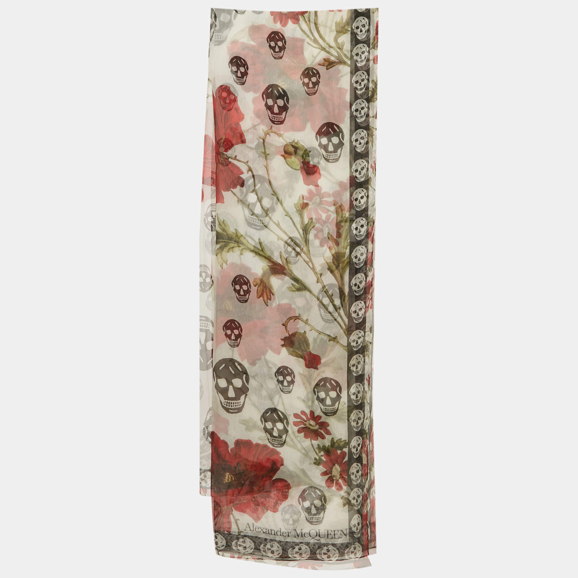 Pre Owned Alexander McQueen White Rose and Skull Print Silk Scarf
