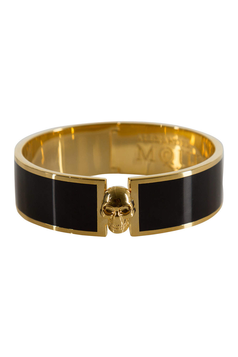 Pre Owned Alexander McQueen Skull Black Resin Gold Tone Wide Bracelet