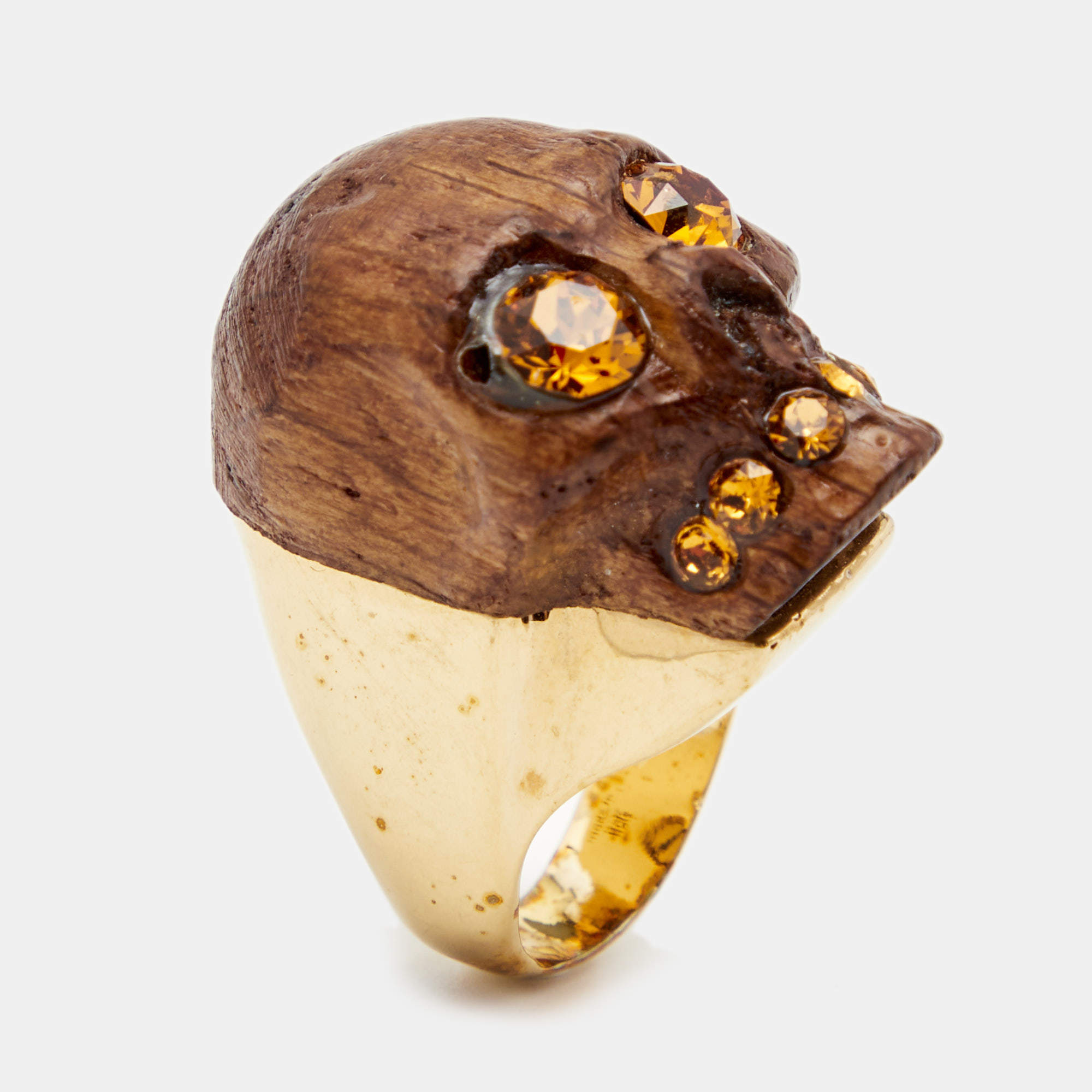 مملوكة مسبقًا  خاتم أليكساندر ماكوين جمجمة خشبية كريستال ذهبي اللون بني مقاس 53