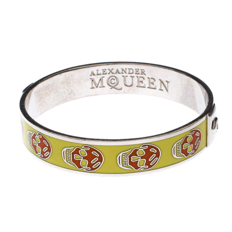 Pre Owned Alexander McQueen Yellow Resin Skull Enamel Silver Tone Bangle Bracelet