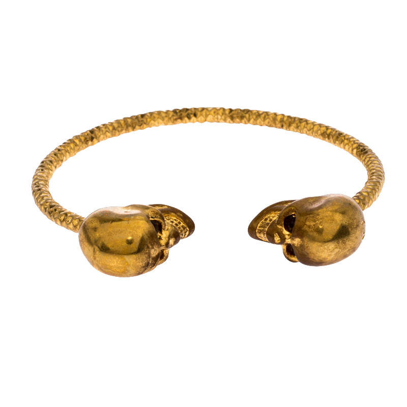 Alexander McQueen Crystal Twin Skull Textured Gold Tone Open Cuff Bracelet 