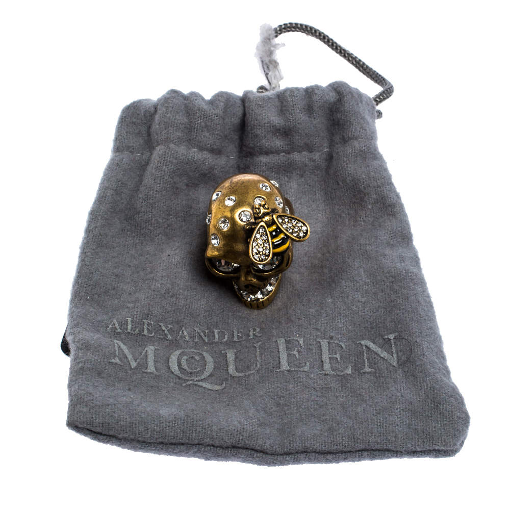Pre Owned  Alexander McQueen Gold Tone Crystal Skull and Bee Cocktail Ring Size EU 54.5