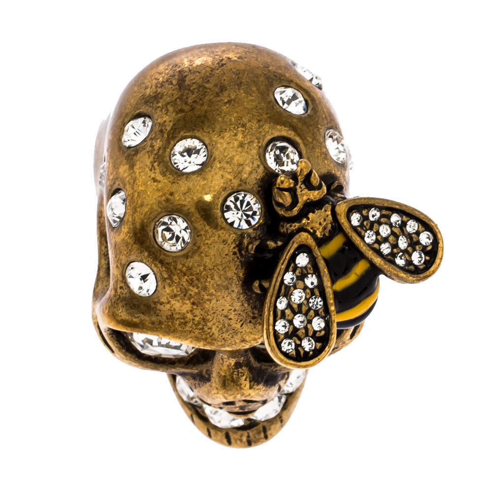 Pre Owned  Alexander McQueen Gold Tone Crystal Skull and Bee Cocktail Ring Size EU 54.5