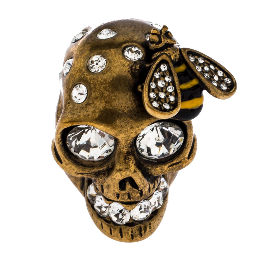 Pre Owned  Alexander McQueen Gold Tone Crystal Skull and Bee Cocktail Ring Size EU 54.5