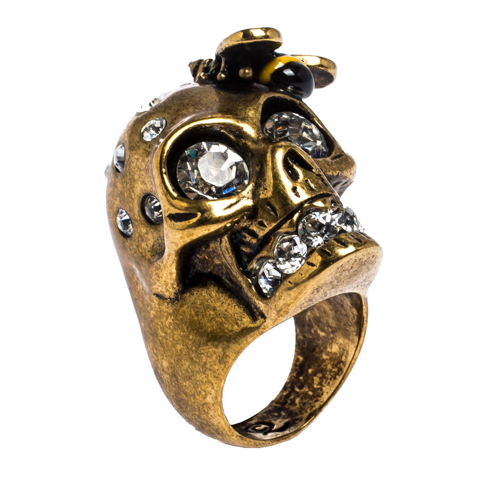  Alexander McQueen Gold Tone Crystal Skull and Bee Cocktail Ring Size EU 54.5