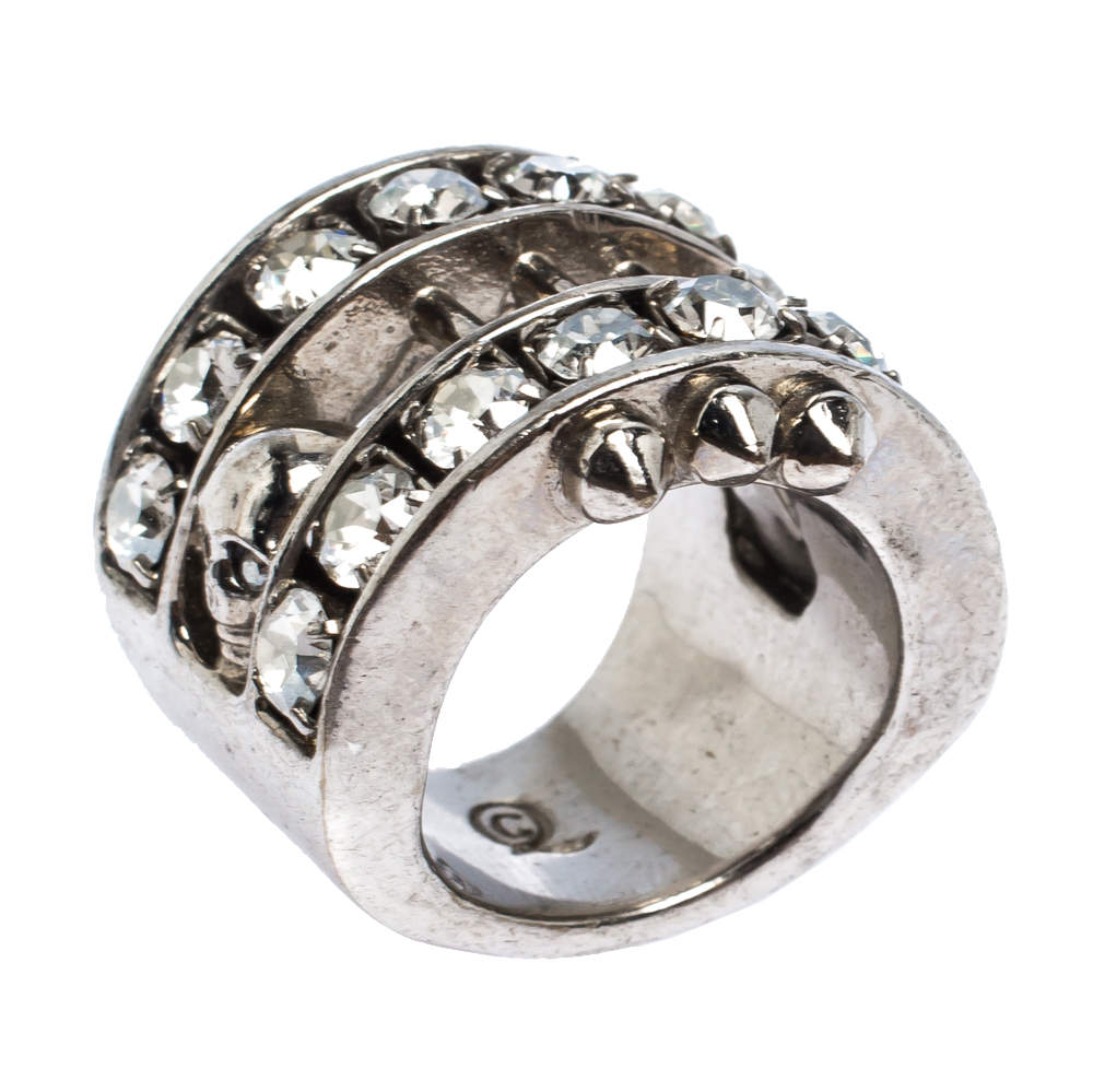 Pre Owned Alexander McQueen Skull Crystal Silver Tone Cocktail Ring Size 52.5