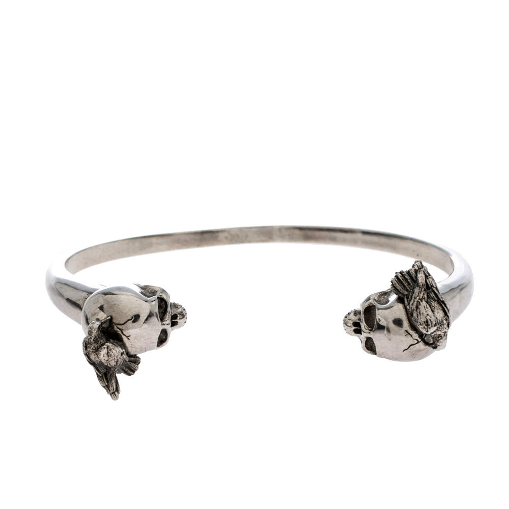 Pre Owned Alexander McQueen Raven Skull Silver Tone Open Cuff Bracelet M