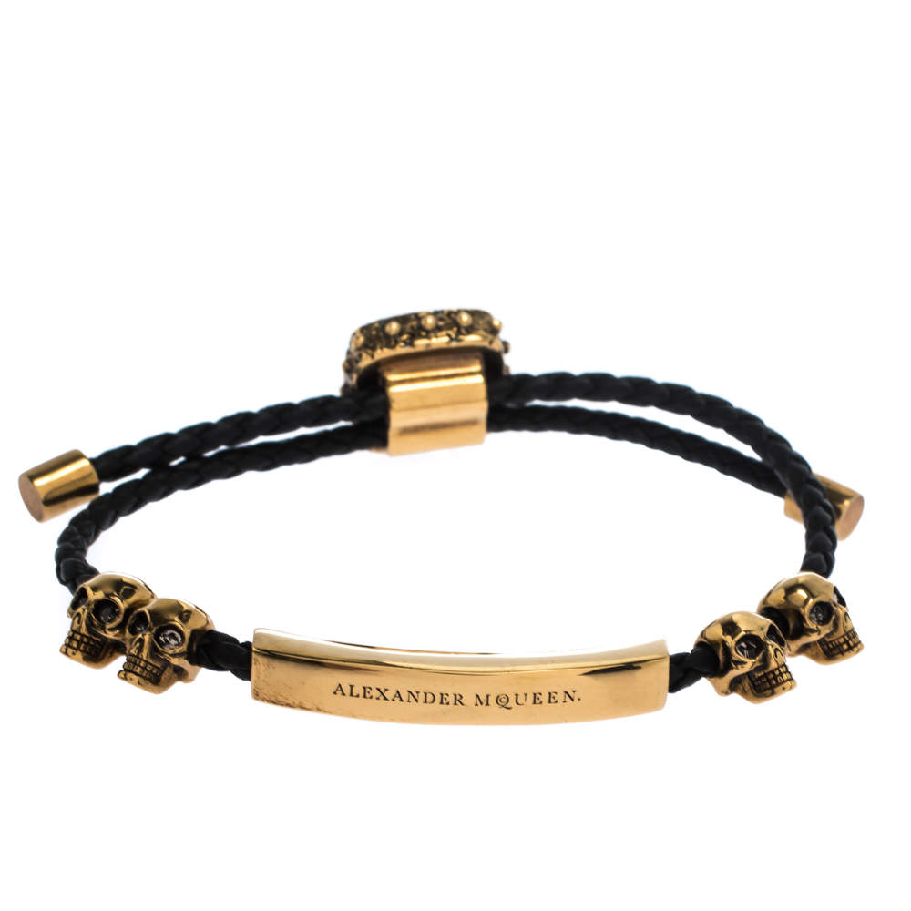 Alexander McQueen Crystal Skull Gold Tone Leather Adjustable Bracelet