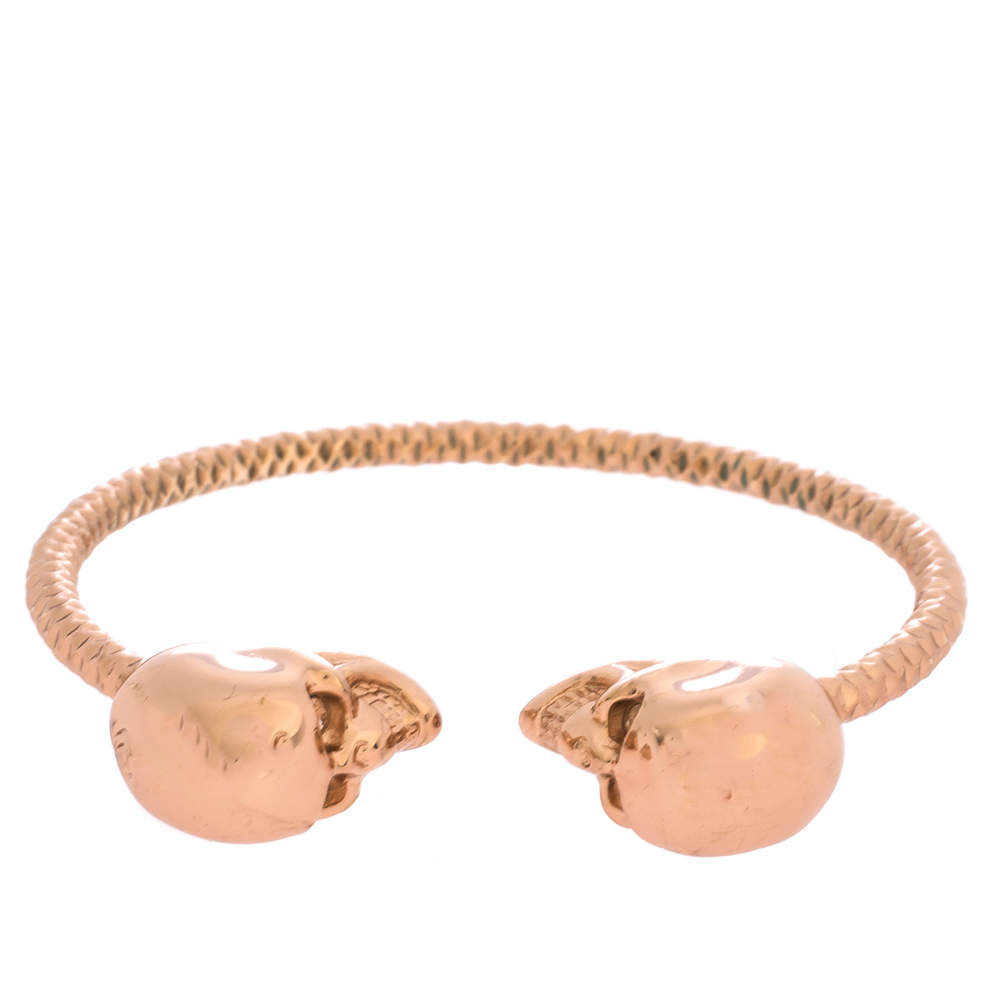 Pre Owned Alexander McQueen Twin Skull Crystal Rose Gold Tone Open Cuff Bracelet
