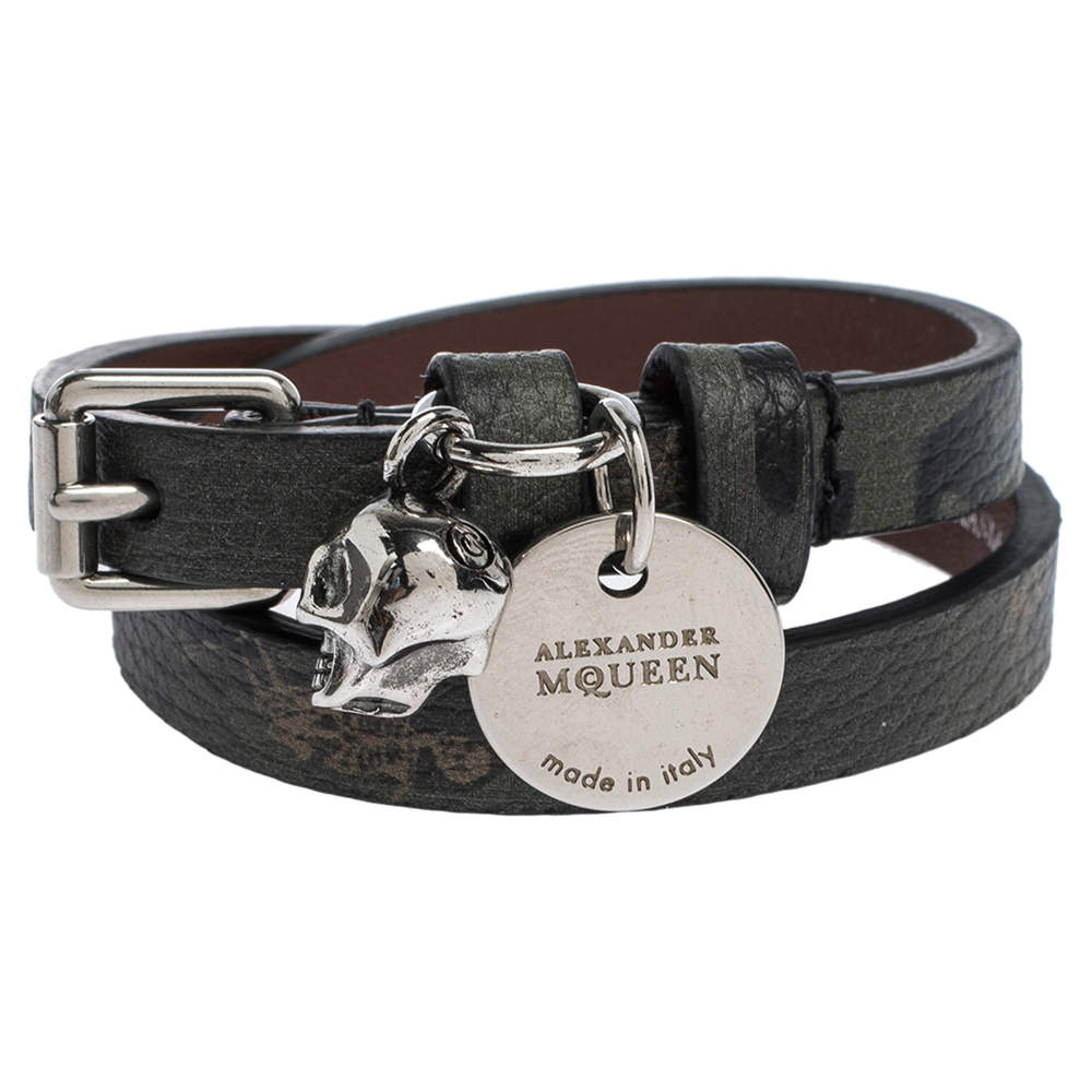 Alexander McQueen Skull Charm Leather Silver Tone Double Wrap Bracelet