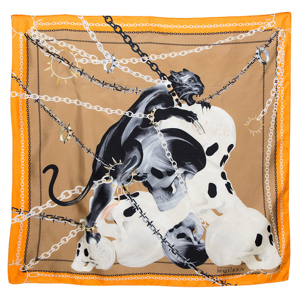 Pre Owned Alexander McQueen Orange Panther Skull Print Silk Scarf