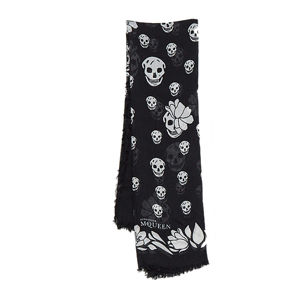 Pre Owned Alexander McQueen Black Floral Skull Modal Scarf