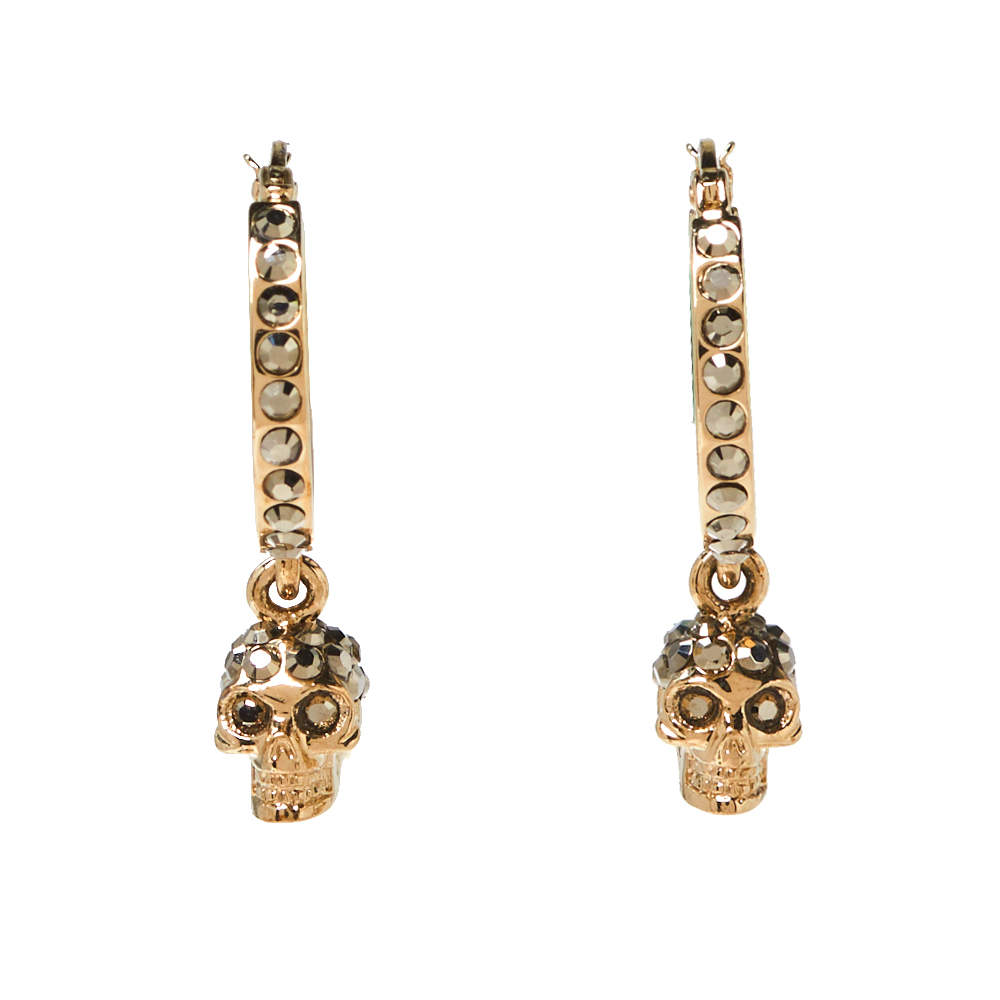 Pre Owned Alexander McQueen Skull Motif Crystal Embellished Gold Tone Drop Earrings