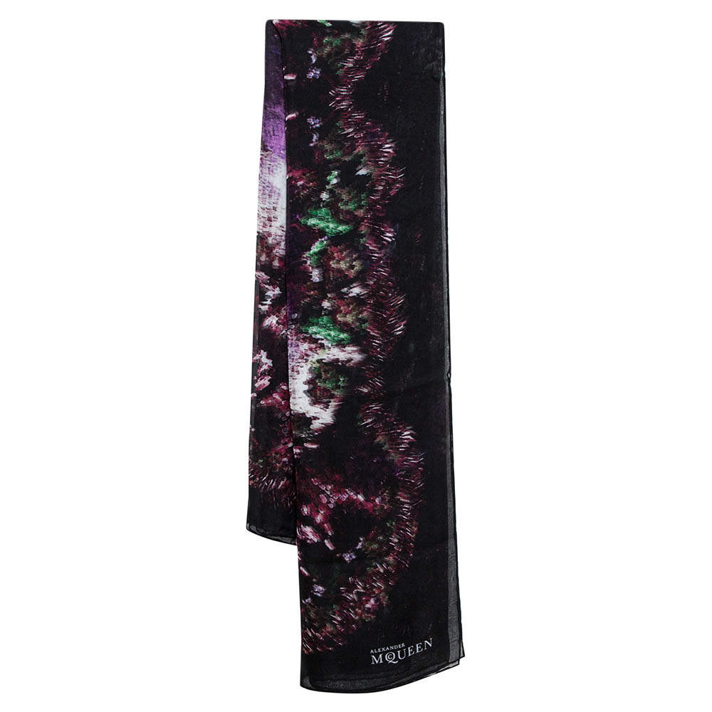 Alexander McQueen Black Animal Patterned Silk Chiffon Scarf