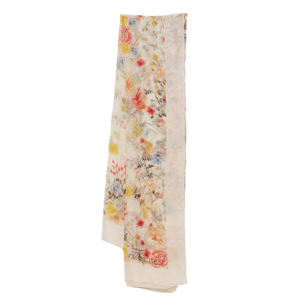 Pre Owned Alexander McQueen Pale Pink Floral Print Silk Scarf