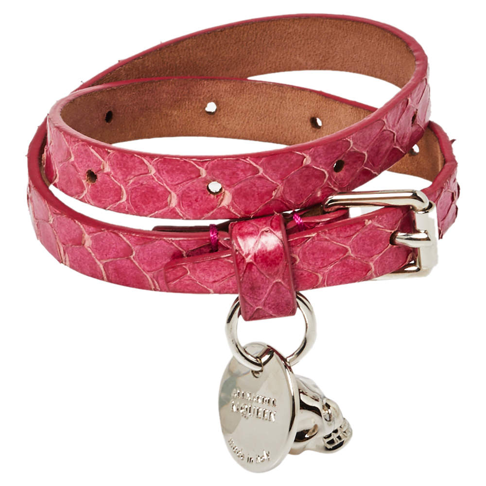 Alexander McQueen Pink Snakeskin Double Wrap Skull Bracelet