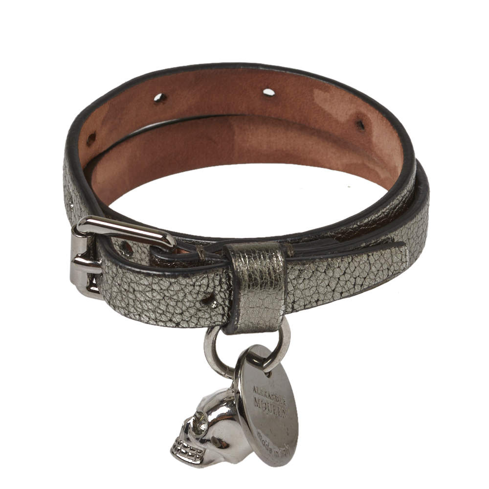 Pre Owned Alexander McQueen Silver Leather Double Wrap Skull Charm Bracelet