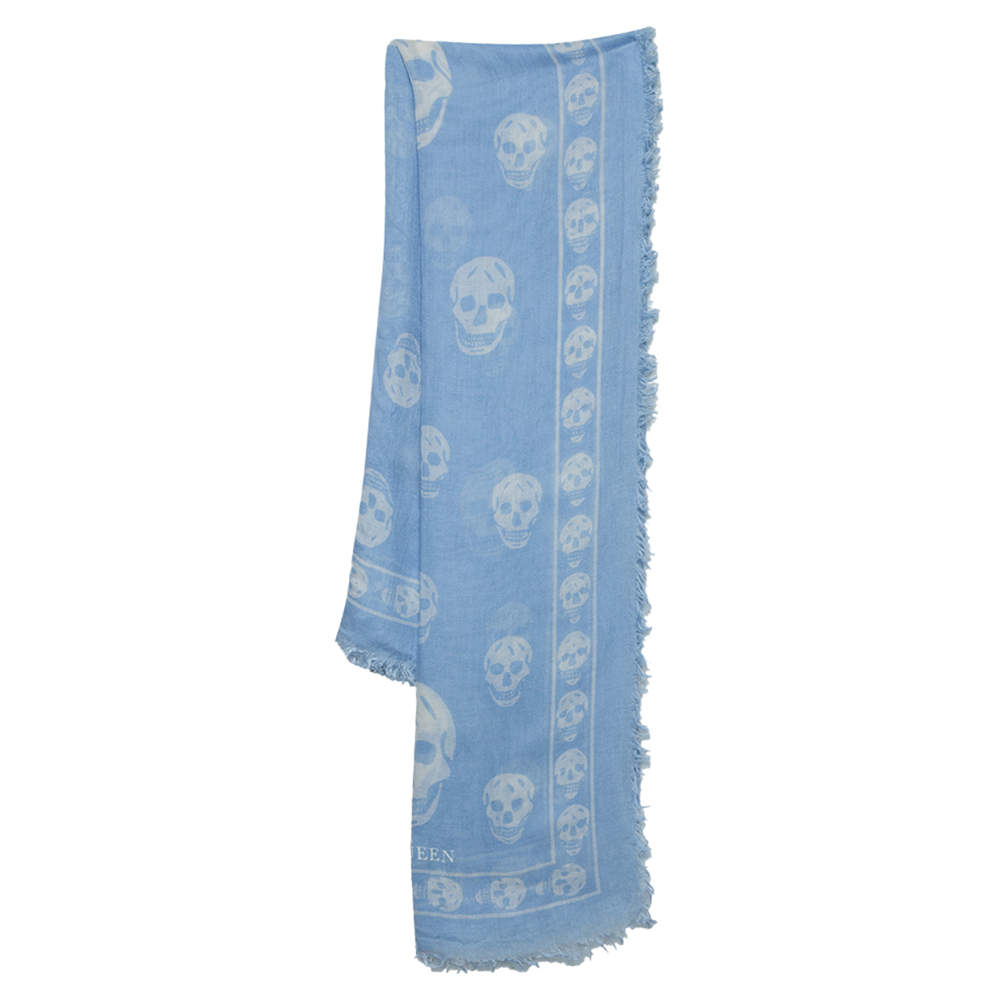 Alexander McQueen Powder Blue Skull Print Silk & Modal Scarf