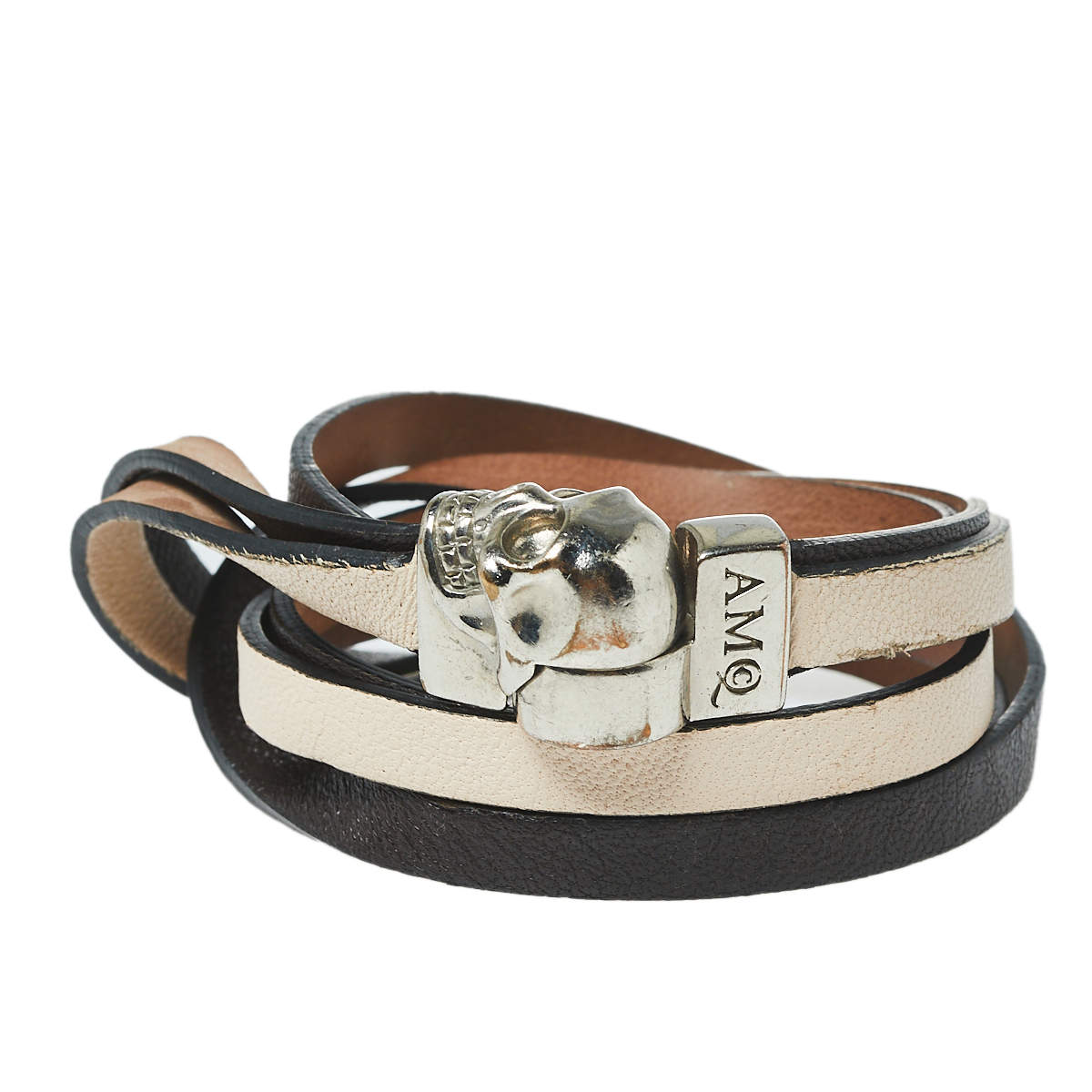 Alexander McQueen Bicolor Layered Leather Double Wrap Skull Bracelet
