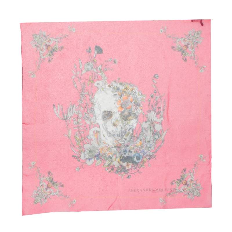 Alexander McQueen Coral Pink Floral Skull Print Silk Scarf